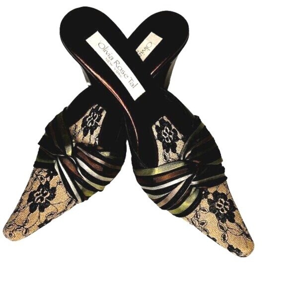 Olivia Rose Tal Marseilles Lace Leather Multi Stripe Twist Mule Heels Pointed To - Picture 5 of 11